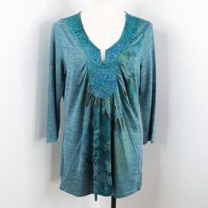 One World Women's L Blue Floral Crochet Rhinestone Knit Long Sleeve Tunic Top